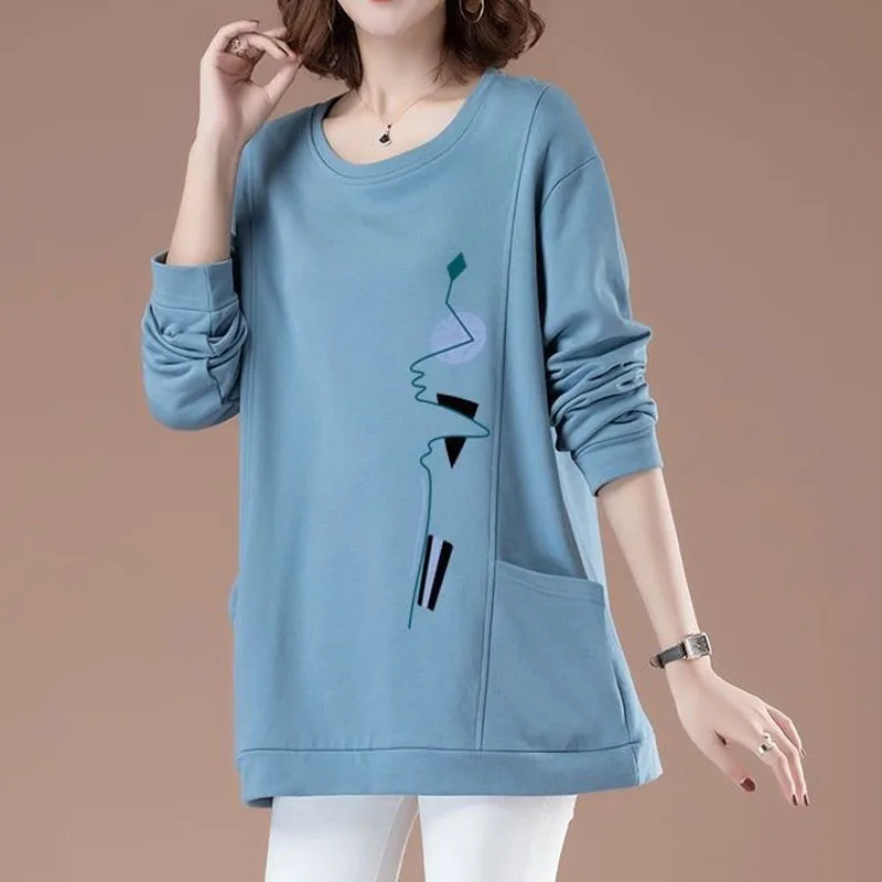 Loose O-Neck Bright Line Printing Basic Thick Middle Aged Mother Clothing Cotton Two Pockets Multiple Colors Sweatshirts Casual