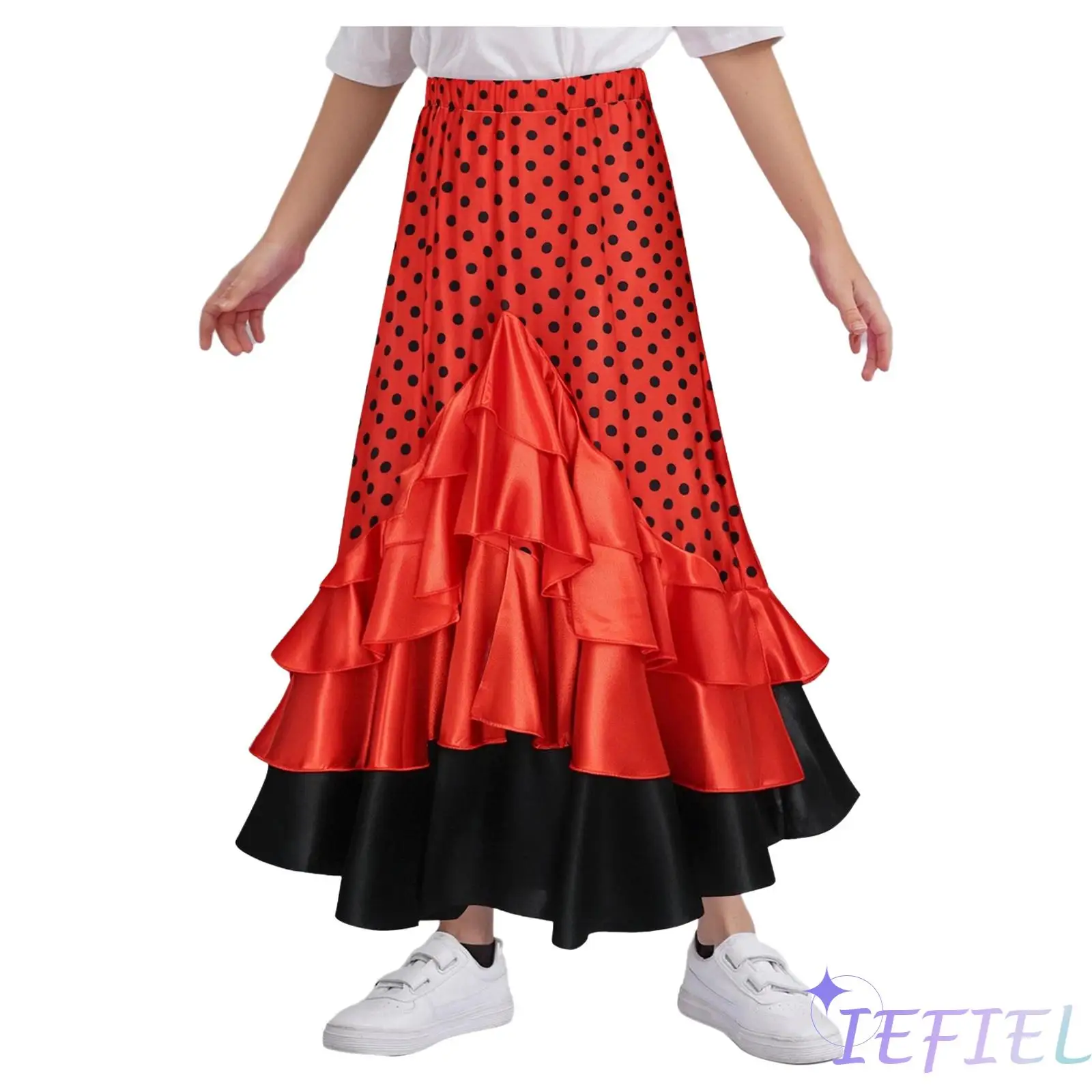 Jupe longue à volants à pois pour enfants filles, jupe longue à volants superposés avec ceinture élastique, pour spectacle de danse d'halloween