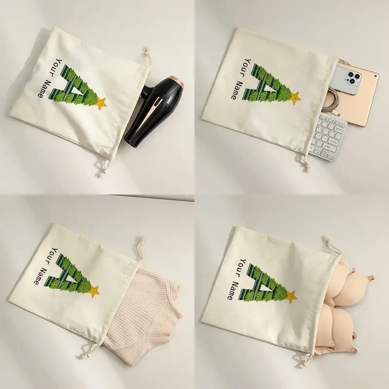 A-Z Initials Canvas Drawstring Storage Bag Custom Name Green Star Christmas Tree Print Holiday Candy Gift Sack Xmas Present