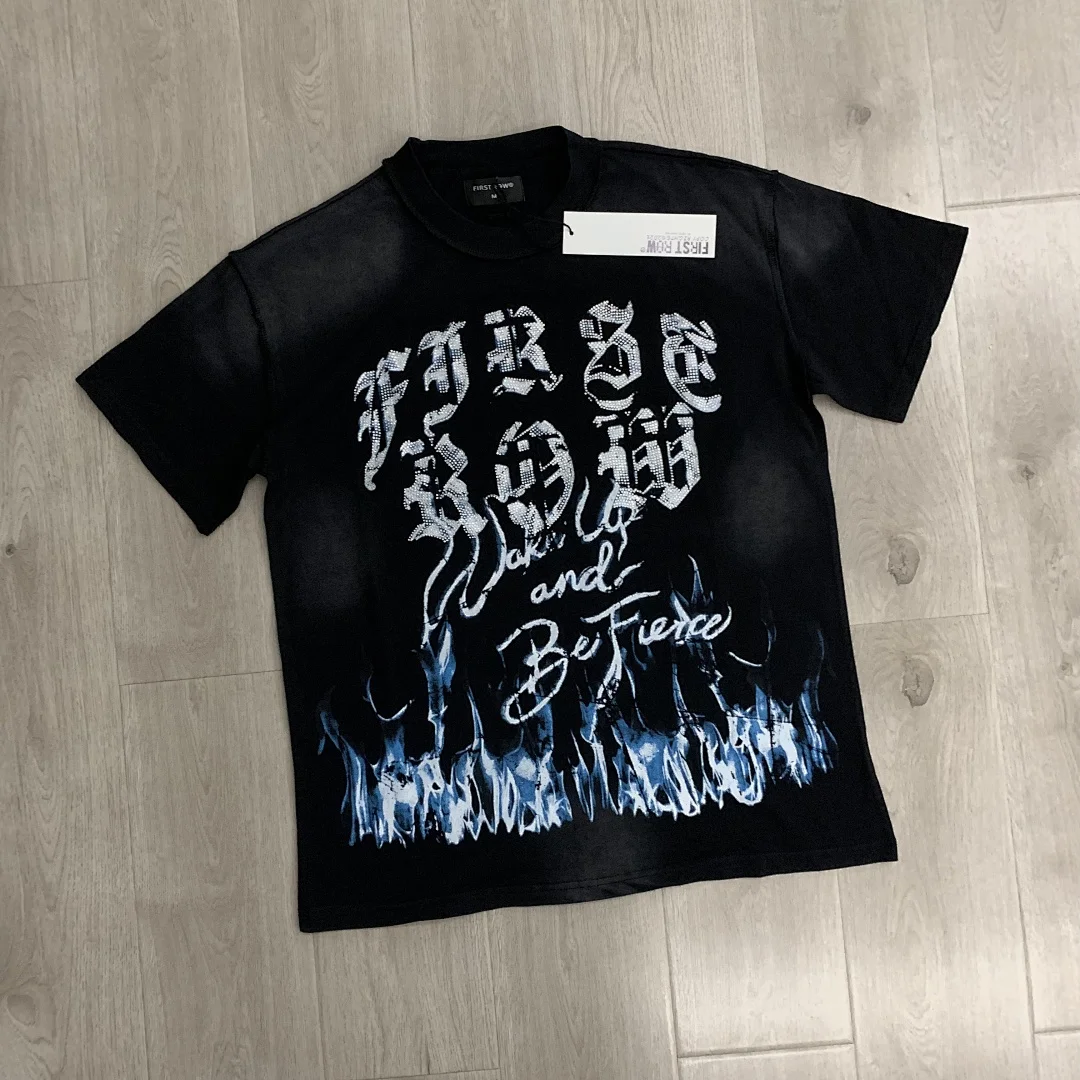 Oversized Vintage Washed Black Tee Men Summer Silver Gothic FIRST ROW Blue Flame Graphic T-shirt Retro Y2K Casual Shirts Unisex