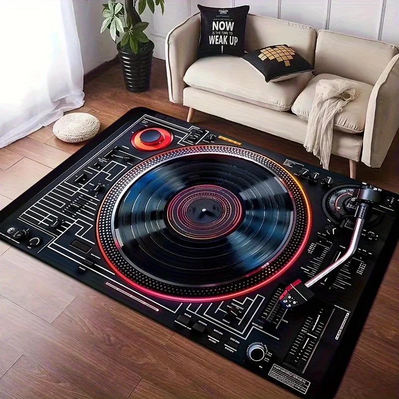 VIKAMA Retro DJ Vinyl Record Player Print Large Carpet Anti Slip Floor Rug for Music Room Living Room Home Decor