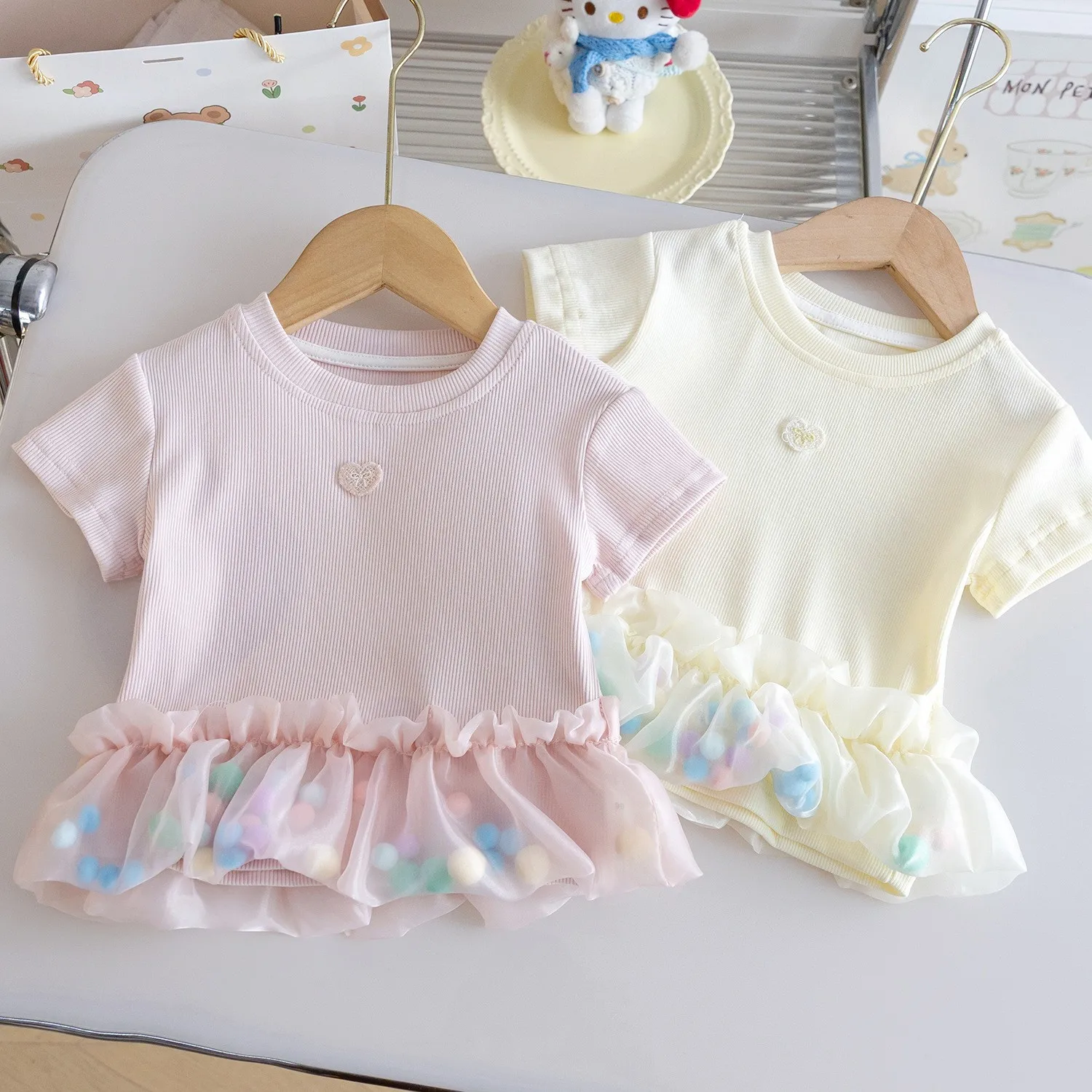 

Girls Sweet Candy-Colored Short-Sleeve T-shirt Soft and Breathable T-Shirt for Baby Girls Lace Trim Top