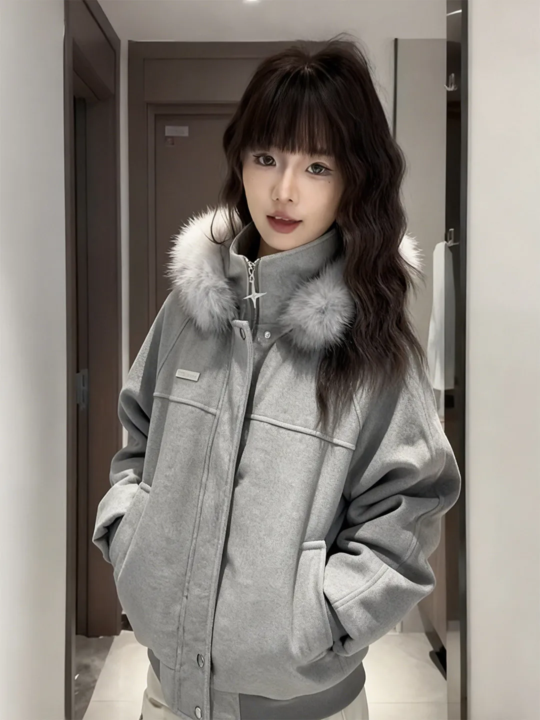 

ay Wool Collar Hooded Parka Men's Winter Cotton Coat Thiened Cotton Jaet Casual Loose Fit Long Sve Zipper Closure