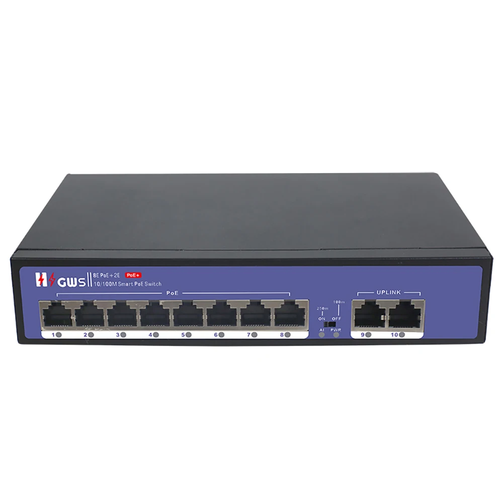 CCTV 10*100M Ports PoE with Gigabit Uplink RJ45 Port Unmanaged Smart AI PoE Switch IEEE 802.3 Af/At PoE Standard
