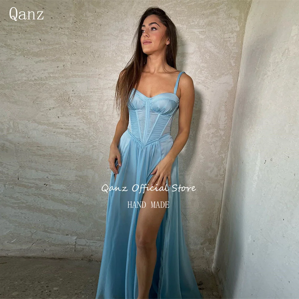 

Qanz Elegant Chiffon Prom Dresses Spaghetti Straps Sweetheart High Slit Formal Evening Dress Women Vestidos De Gala Customized