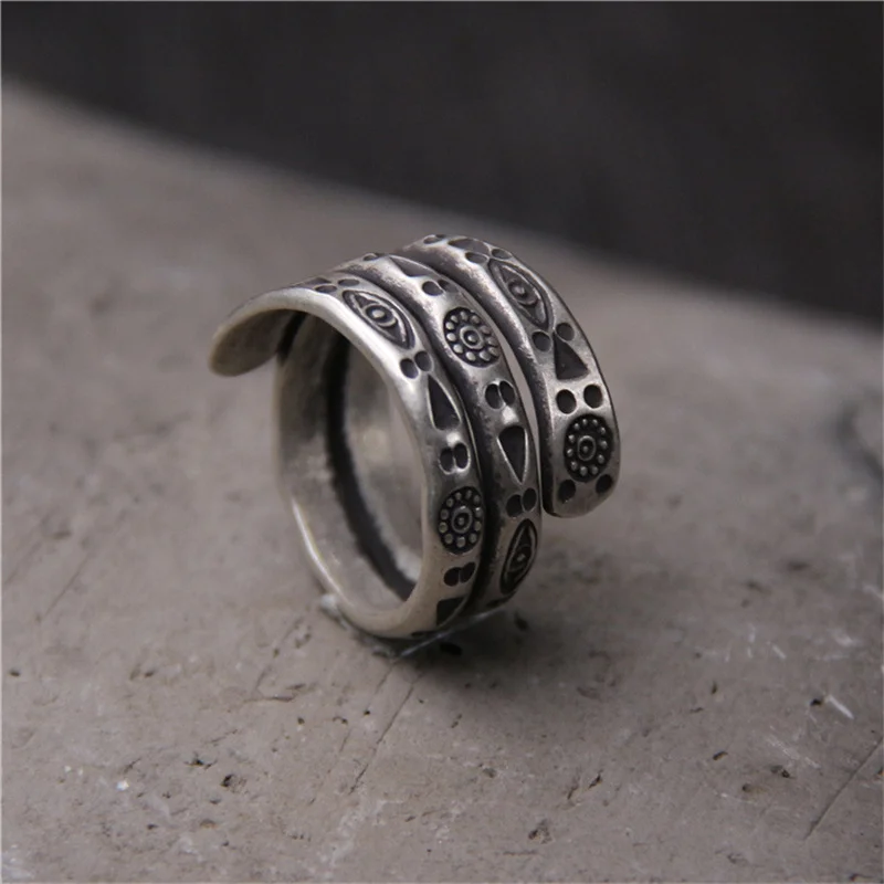 

3 Circles Tribe Totem Triangle Flowers Eyes Exotic Thai Silver Rings for Women 925 Sterling Silver Vintage Jewelry Ethnic Ring