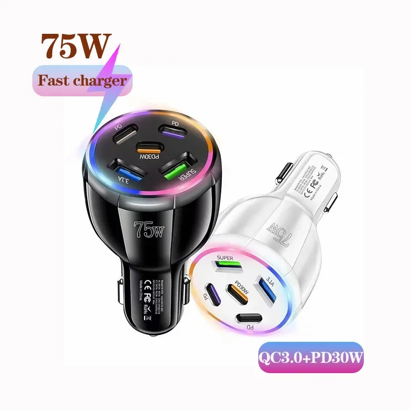 

75W 5Port 2USB 3PD Car Super Fast Charger QC 3.0 PD30W With Color Atmosphere Lamp For HUAWEI iPhone Samsung Xiaomi OPPO HONOR
