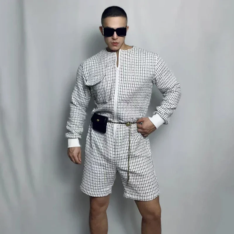 Nova boate dj ds rave outfit gogo trajes branco preto macacão jazz carga macacão masculino hip hop dança desempenho wear