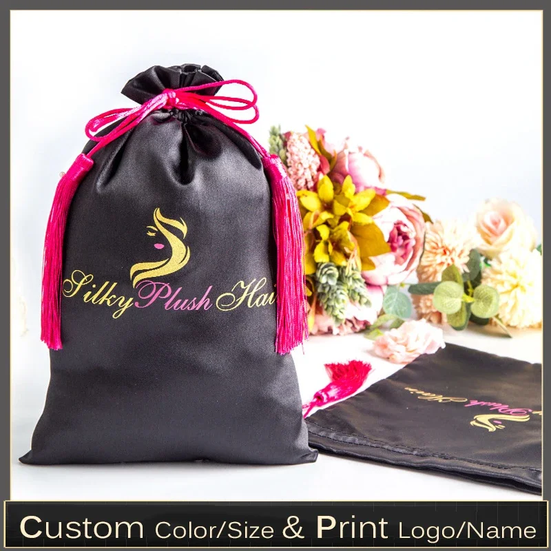 20PCS Luxury Hair Wigs Bag Custom Logo Packaging Bags Silk Satin Tassel Drawstring Gift Pouch 15x20 18x30 30x40cm