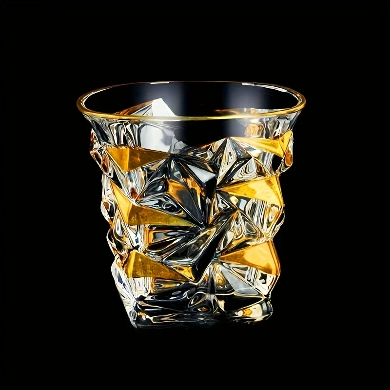 1 Pcs Elegant Crystal Whiskey Glass With Golden Grid Design Luxury Style Wineware Heavy Wineglass XO Whiskey Tumbler Decanter