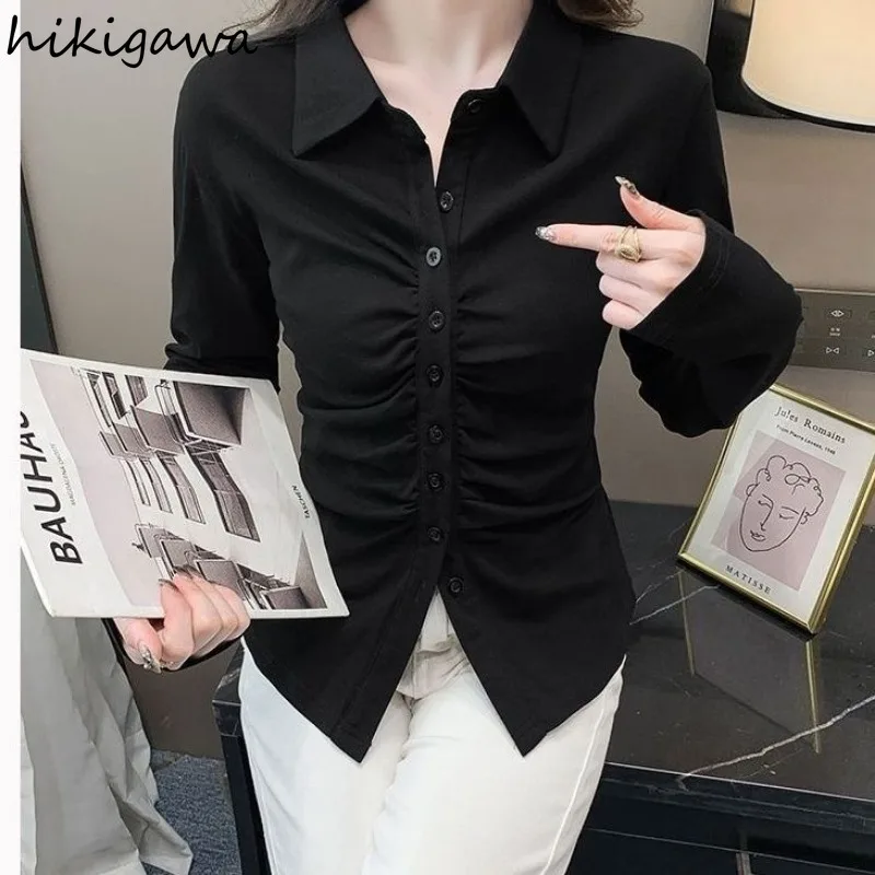 Long Sleeve Tunic Women Blouses Camisas De Mujer 2024 Temperament Ladies Tops Slim Waist Folds Single Breasted Shirts Blouse