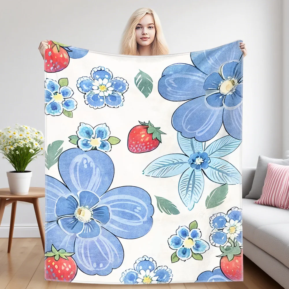 Blue Floral Strawberry Winter And Summer Dual-Use Comfortable Flannel Blanket, Soft And Sticky Sofa Cover Blanket,Exquisite Gift