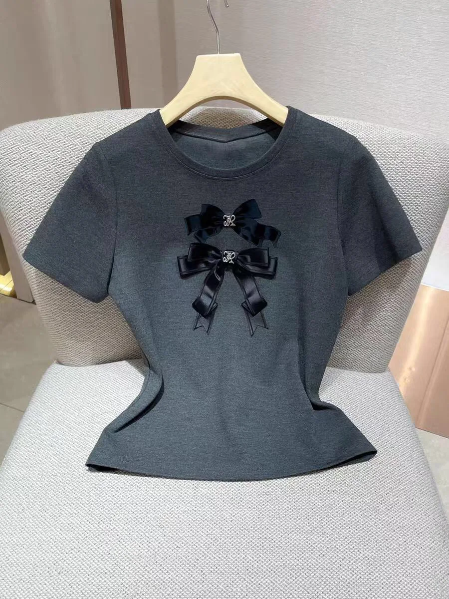 

Fashionable Knot round Neck Short Sleeve Knitted Slim Fit Women's T-shirt Casual Style Polyester Fiber Breathable