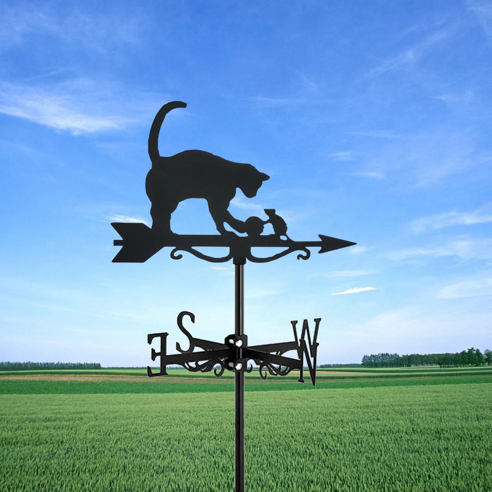 1 Pc Cat And Mouse Weathervane Silhouette Art Black Metal Wind Vanes Outdoors Decorations Garden For Roof Yard Building