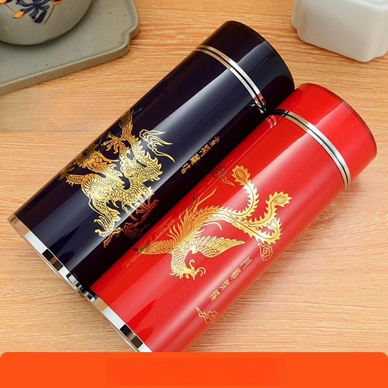 

Guofeng crystal dragon and phoenix sterling silver liner S999 silver ion silver cup couple pair of cups wedding gift thermos cup
