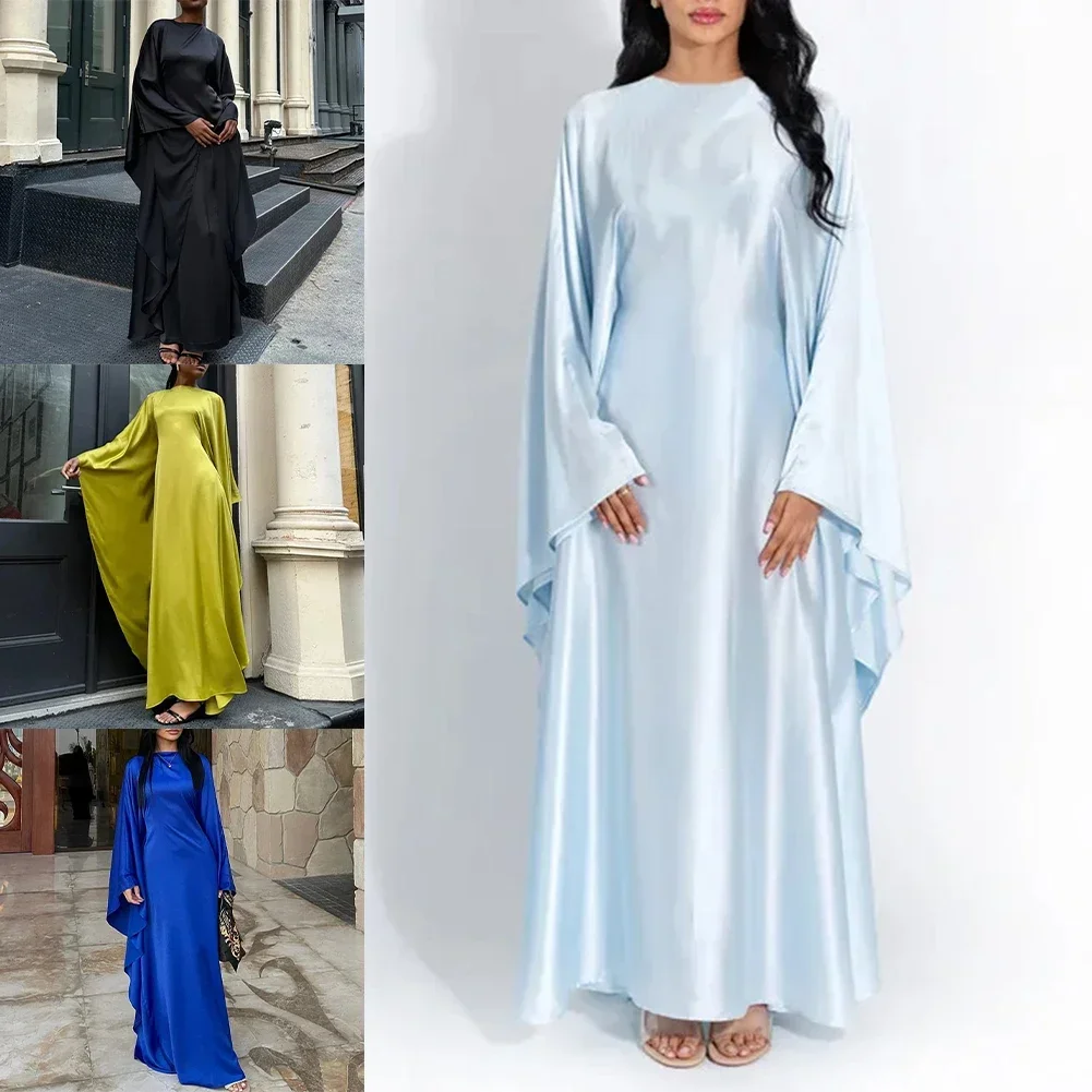 

Women Abaya Muslim Satin Butterfly Sleeve Dress Female Fashion Maxi Modern Dresses Crew Neck Comfortable