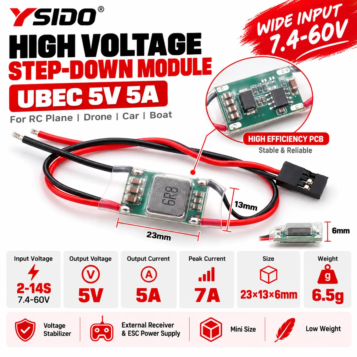 YSIDO 5V 5A External UBEC Voltage Regulator Anti-interference Support 2-14S Receiver Power Supply for RC Model Airplane Aircraft