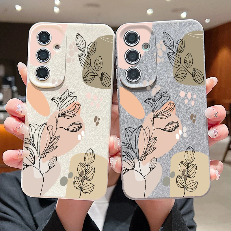 Line Flower Case For Samsung Galaxy A55 A35 A25 A15 S24 S23 S22 Ultra S21 S20 FE A16 A52 A53 A14 A34 A54 5G Capa Leather Texture