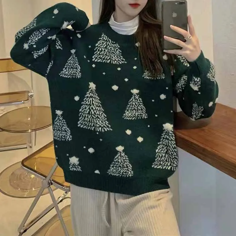 High Quality Hot Selling Loose Round Neck Long Sleeved Snowflake Christmas and New Year Sweater Women Thick Warm Knit Sweater