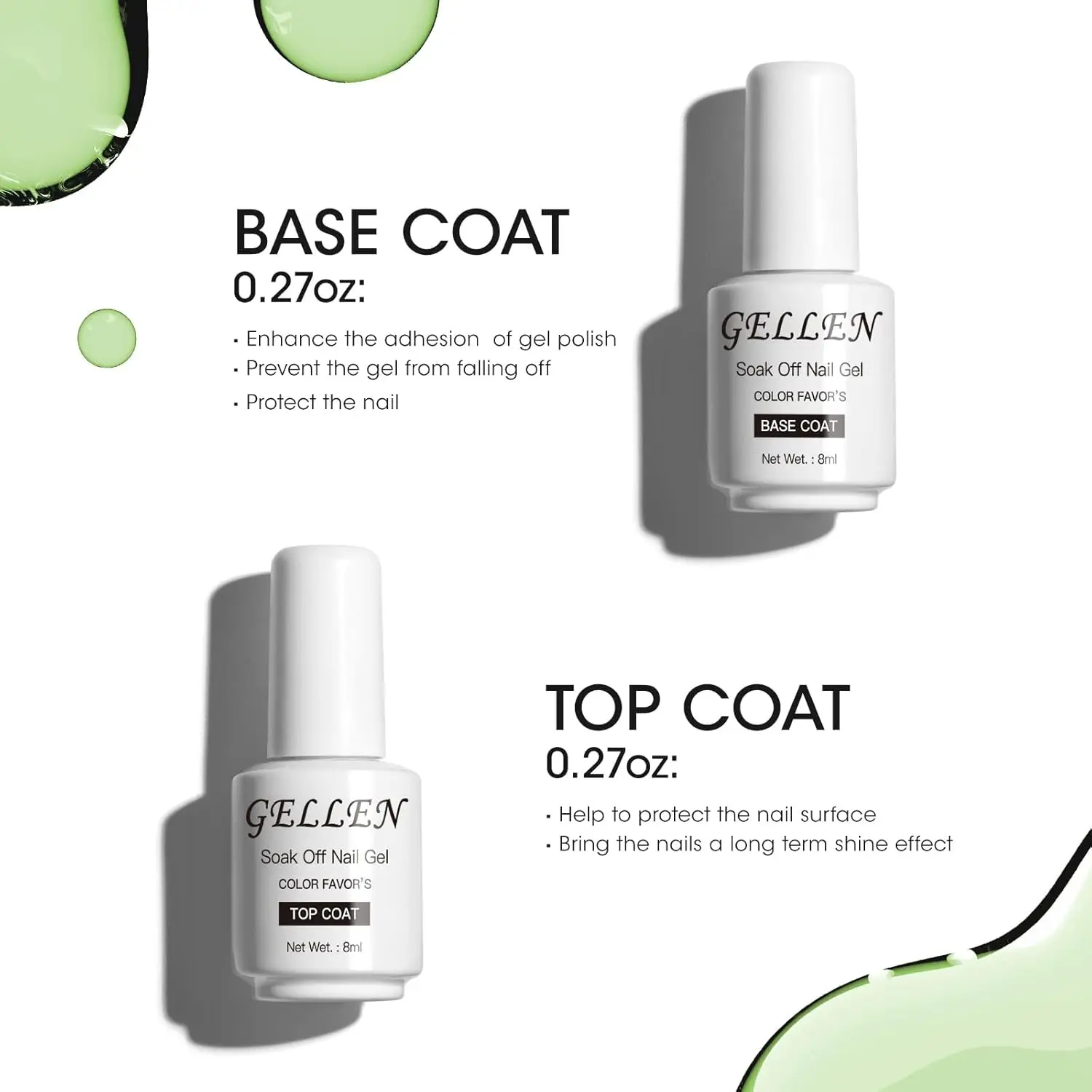 GELLEN 2pcs Gel Nail Polish Top Base Coat Set Acrylic Powder Strengthener for Weak Nails No Wipe Finish Glossy Long Lasting