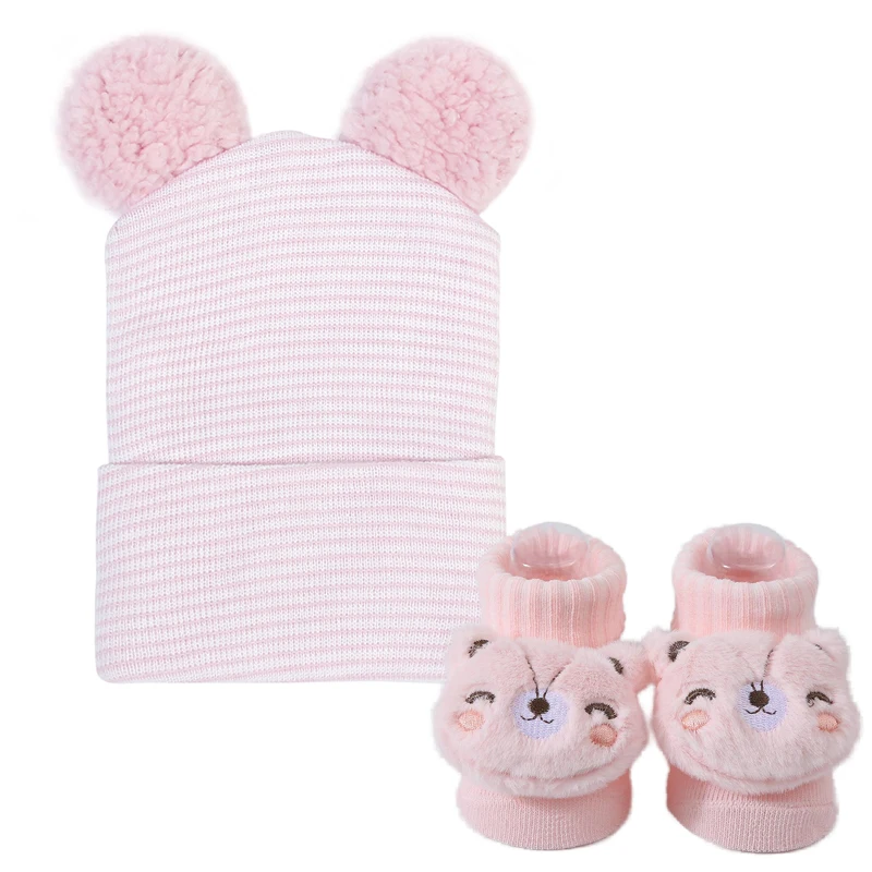 3 قطعة/المجموعة محبوك القطن الوليد القبعات قبعات الكرتون ثلاثية الأبعاد جوارب بصور حيوانات الرضع ورأى لطيف الفراء بوم بوم أغطية الرأس اكسسوارات الطفل 0-6 متر #1