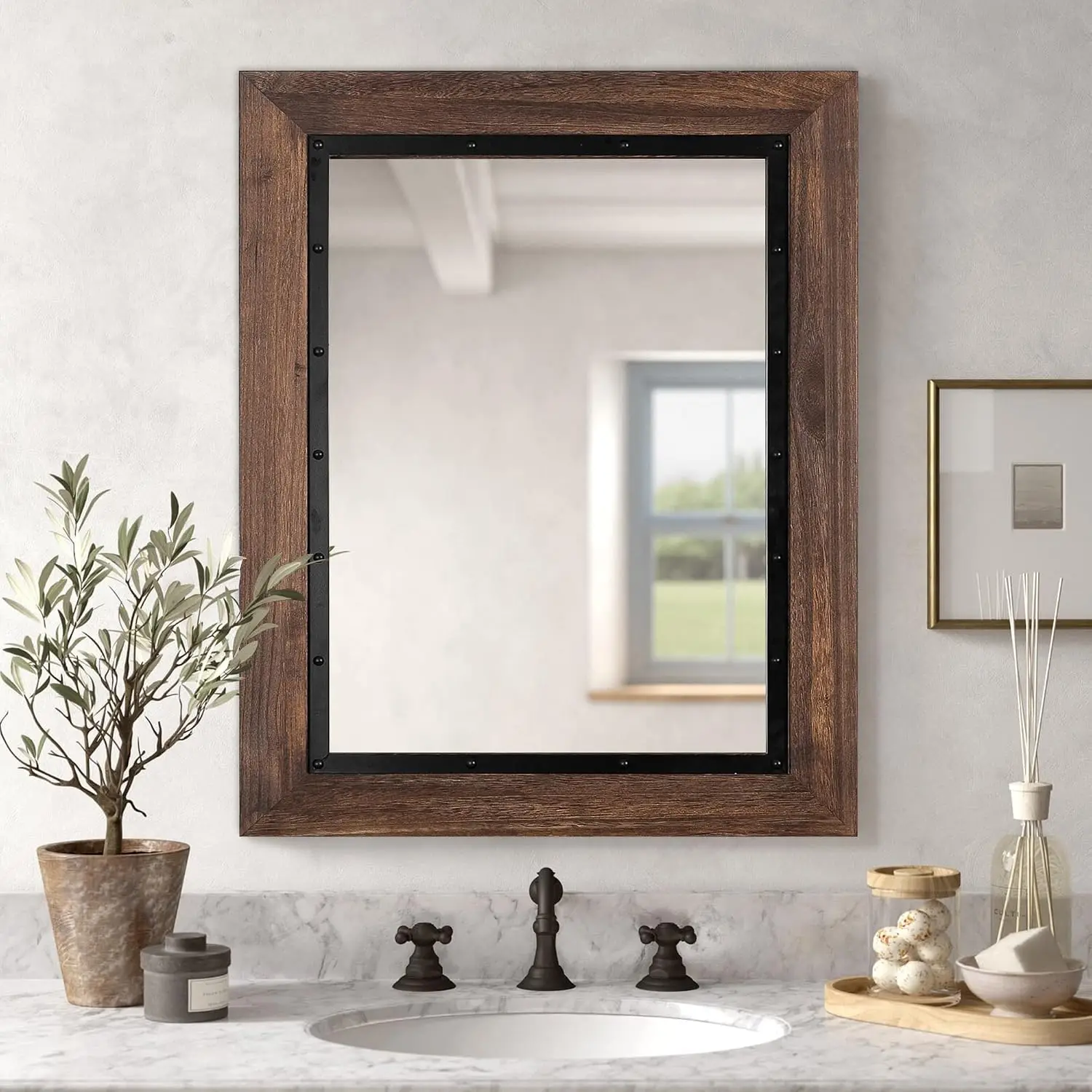 Rustic Wooden Framed Wall Mirror, Natural Wood and Iron Bathroom Vanity Mirror for Farmhouse Decor, Vertical or Horizontal Hangi