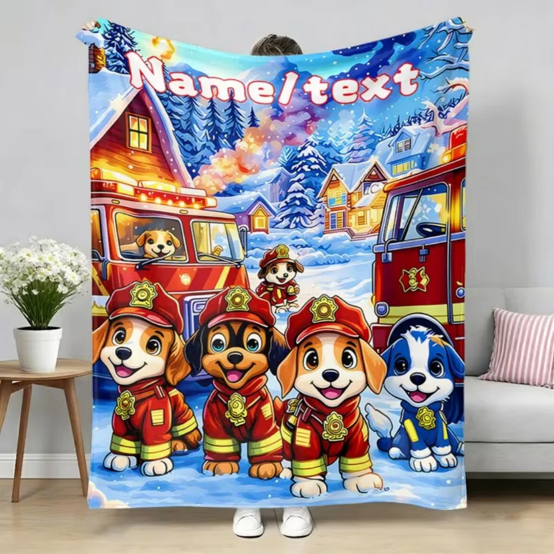 Custom Name Text Firefighter Dog Digital Print Flannel Blanket, Soft Warm Throw for Sofa Bed Travel Camping Office Armchair