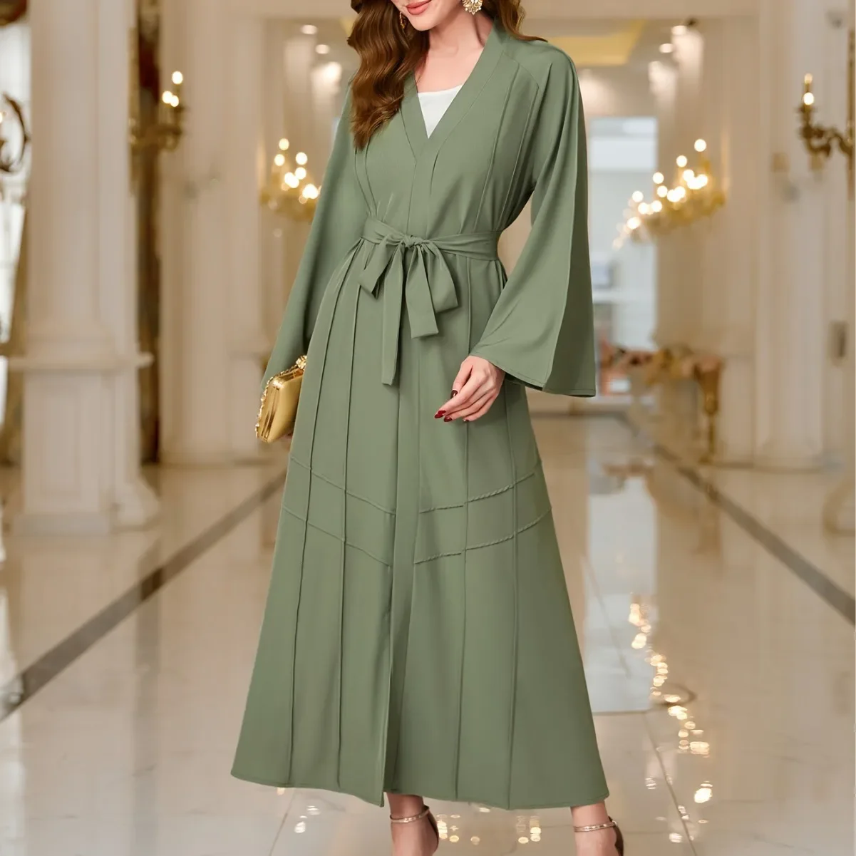 Ramadan Muslim Cardigan Ladies Robe Abaya Solid Color Waist Design Loose and Comfortable Long Skirt Jalabiya for Women