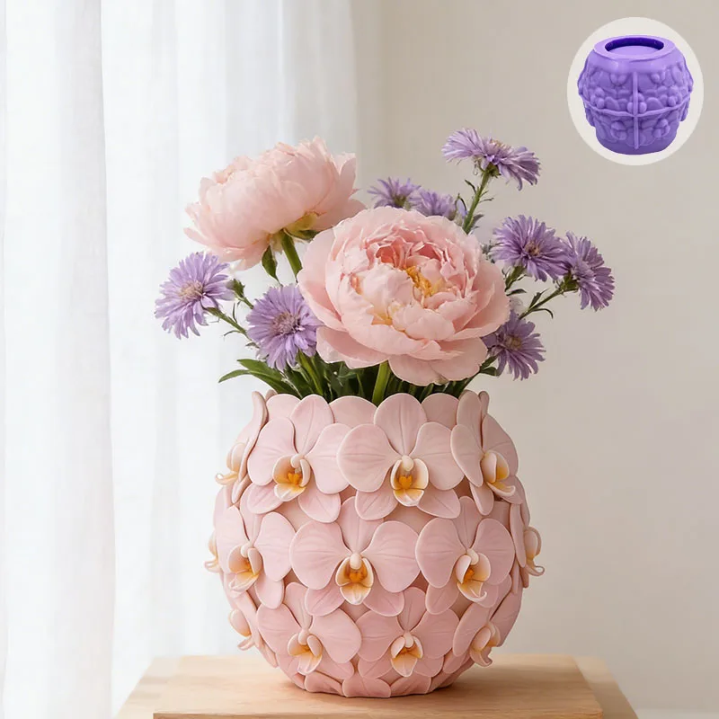 Silicone mold for Phalaenopsis orchid pots; 3D Phalaenopsis orchid relief; rounded flower ball shape; DIY cement flower pot for