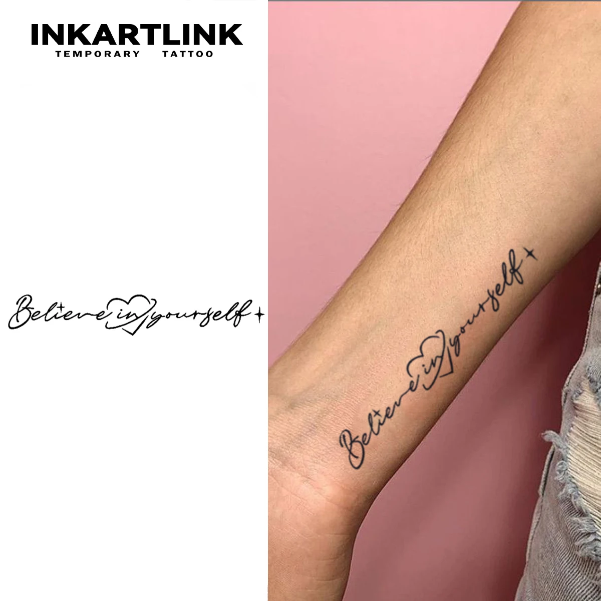 

INKARTLINK Inspirational English Tattoo Sticks for 1-2 Weeks, Lasting 'Believe in Yourself ♡+' Handwritten Font