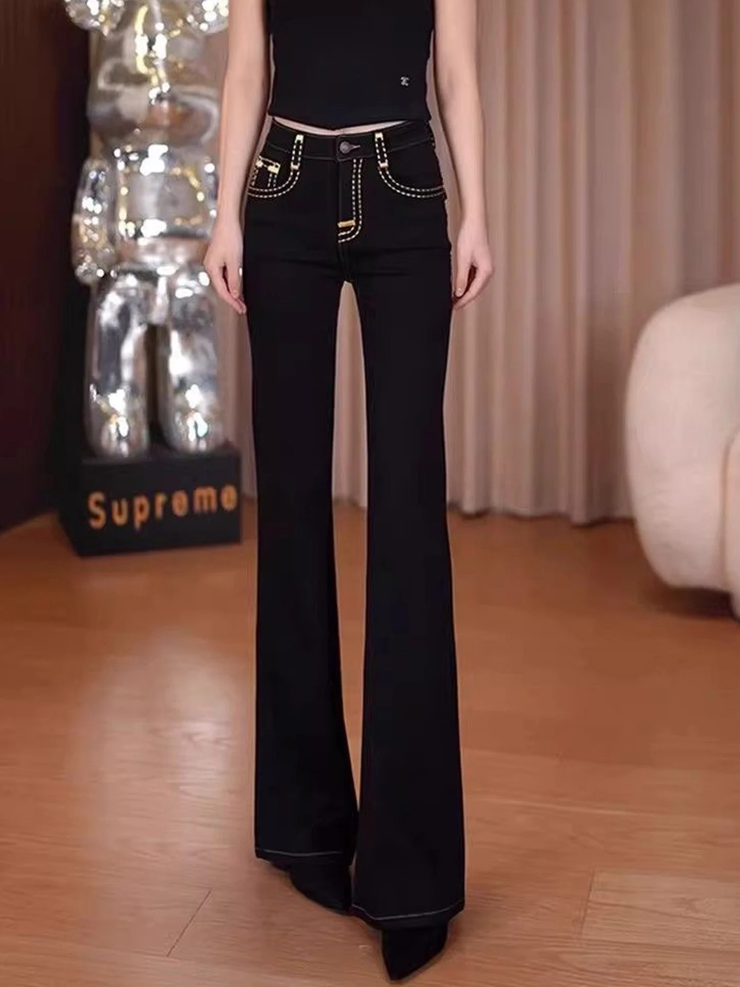 Slim Fit High Waist Denim Jeans Women's Spring Summer Straight Leg Pants Elastic Micro Flare Long Trousers Commute Wear