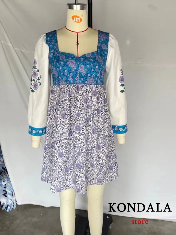 KONDALA Vintage Họa Tiết Đầm Midi Nữ Tay Dài Cổ V Thời Trang Mùa Hè 2022 ĐẦM Boho Mujer "Vestidos