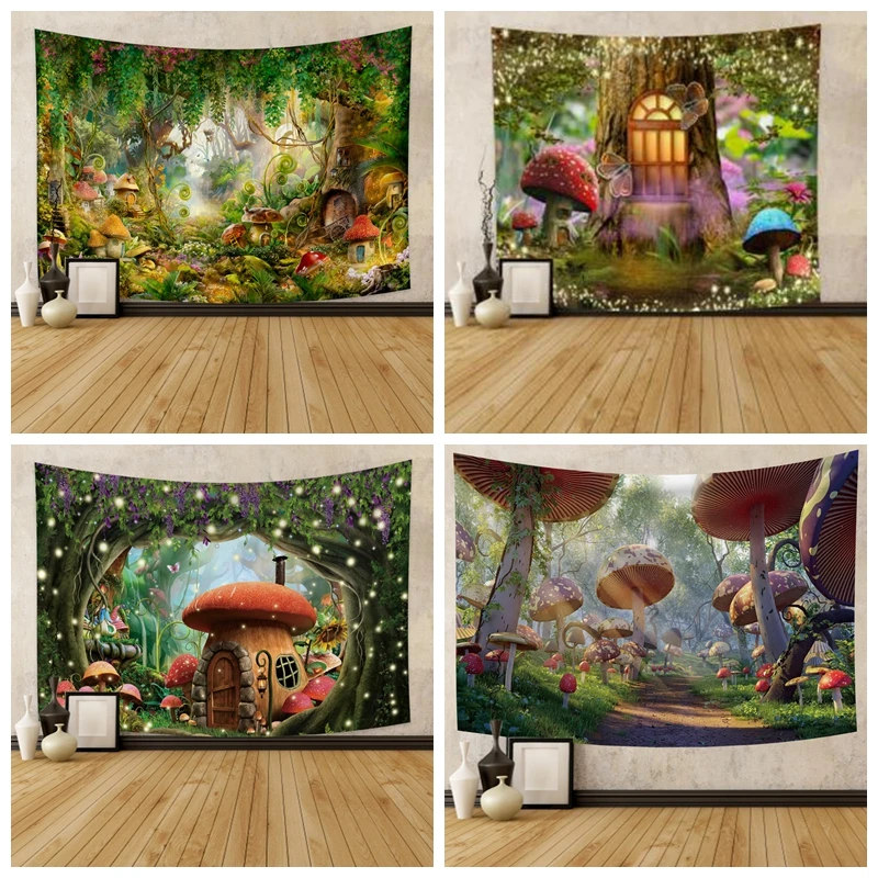 Fairy Tale Forest Tapestry Wall Hanging Fantasy Magic Garden Mushroom Aesthetic Kid Girl Bedroom Living Room Dorm Party Decor