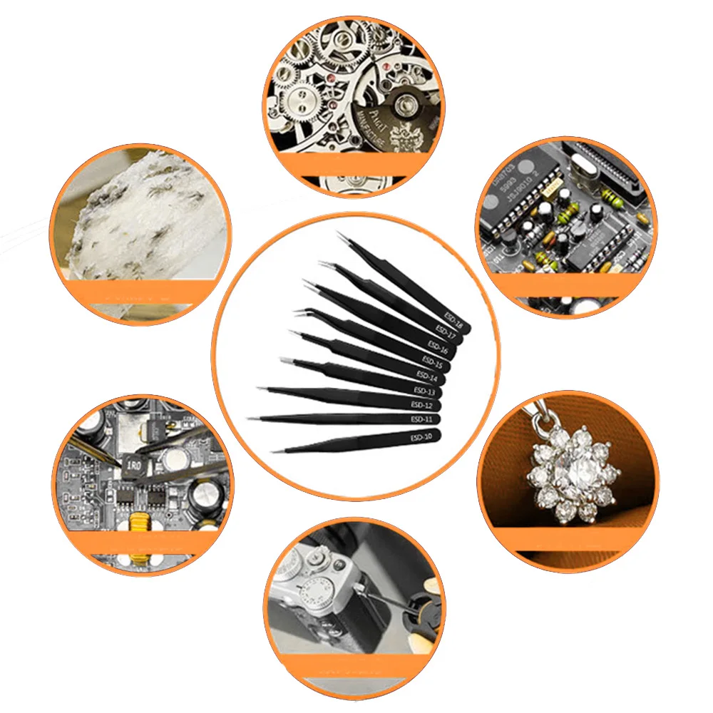 Industrial-Grade ESD Stainless Steel Tweezers Set with Bag, Precision Tools for Micro Soldering & Eyelash Extension Application