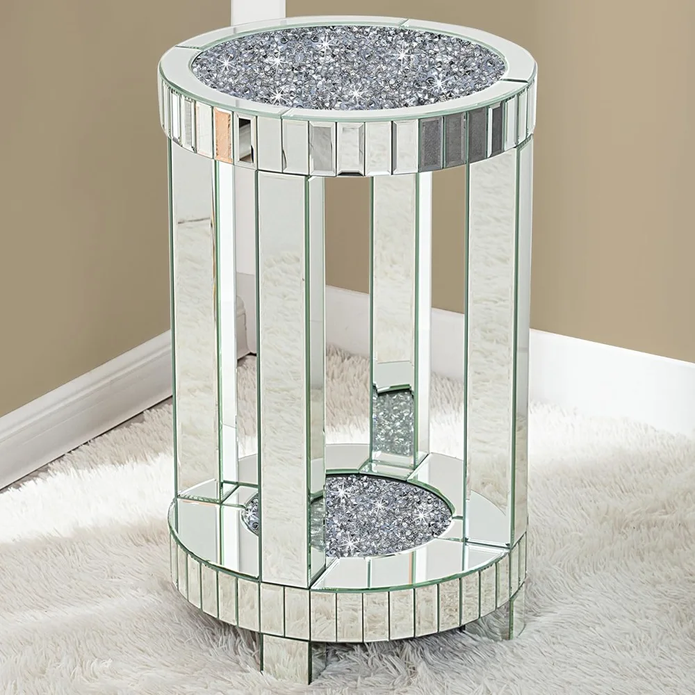 Mirrored End Table Round with Crystals Inlay, 2-Tier Modern Small Sofa Table with Storage, Silver Accent Table