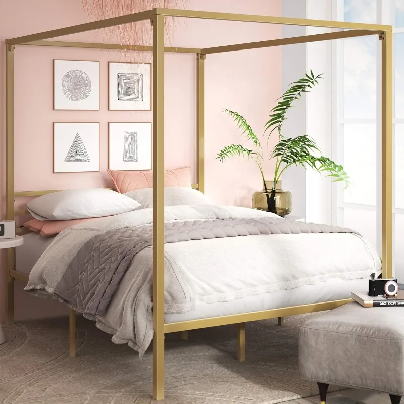 Patricia Gold Metal Canopy Platform Bed Frame, Mattress Foundation with Steel Slat Support, No Box Spring Needed