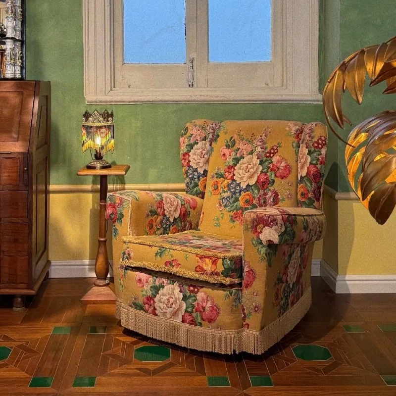 American retro flower printing fabric sofa single chair fringed edge old living room furniture tiger chair small apartment