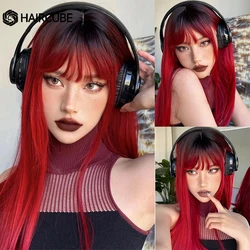 HAIRCUBE Długie proste peruki z grzywką Black to Red Omber Syntetyczne peruki dla kobiet Peruki termoodporne Codzienne włosy z włókna Cosplay