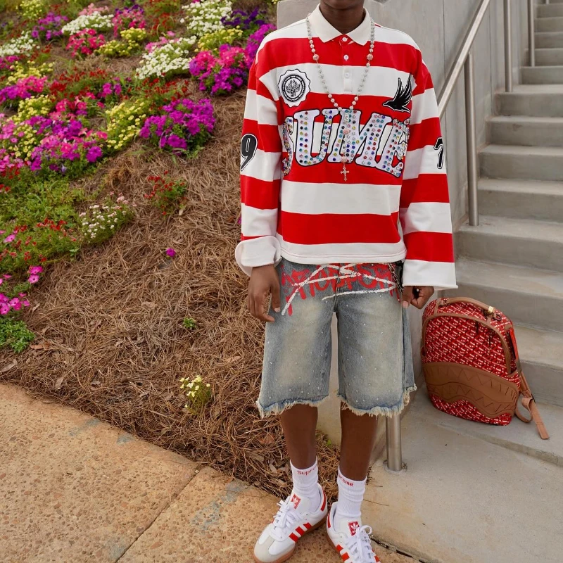 Conjunto de camisa Polo a rayas con bordado de diamantes de Rugby clásico Retro Y2K, camisas de manga larga de gran tamaño, Unisex, 2 uds.