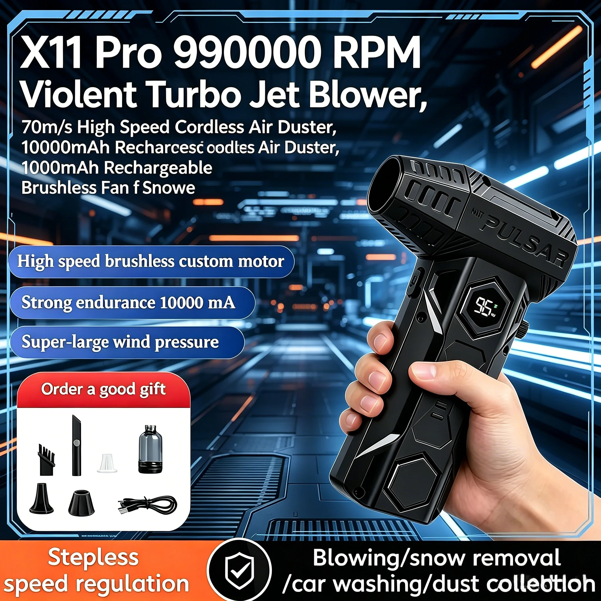 

990000RPM High Speed Turbo Jet Blower 70m/s Powerful Violent Fan 10000mAh Rechargeable Cordless Air Duster Brushless Motor Dust