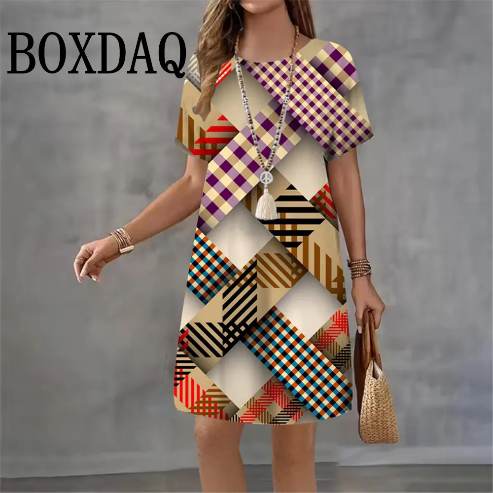 Summer Vintage Women Striped Geometry Printed Dress Short Sleeve Casual O-Neck Women Loose Fashion Streetwear Clothing 2026 New