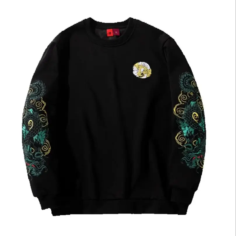 

Sukajan Embroidery Hoodies Men Cotton O Neck Sweatshirt Oversized Harajuku Male Long Sleeve Pullover Japan Spring D014-A