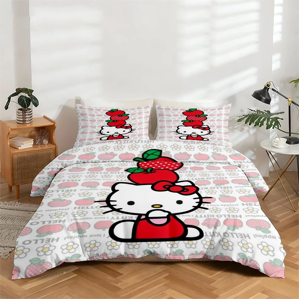 3-Piece High-Definition Digital Print Bedding Set Hello Kitty and Strawberry-Apple Pattern Duvet Cover Set, Large Floral Duvet Cover Set Includes 1 Duvet Cover + 2 Pillowcases, Suitable for Bedroom, Guest Room, Home Decoration, Polyester Fiber Duvet Cover + Pillowcase, Ultra-Soft Bedding, Thick Fabric, Suitable for All Seasons, Machine Washable