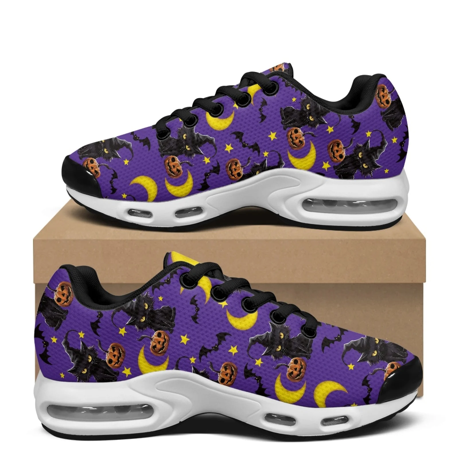 PENSTROLL Halloween Cat Pattern Air Cushion Walking Shoes for Men Mesh Tennis Sneakers Lace-up Sneakers