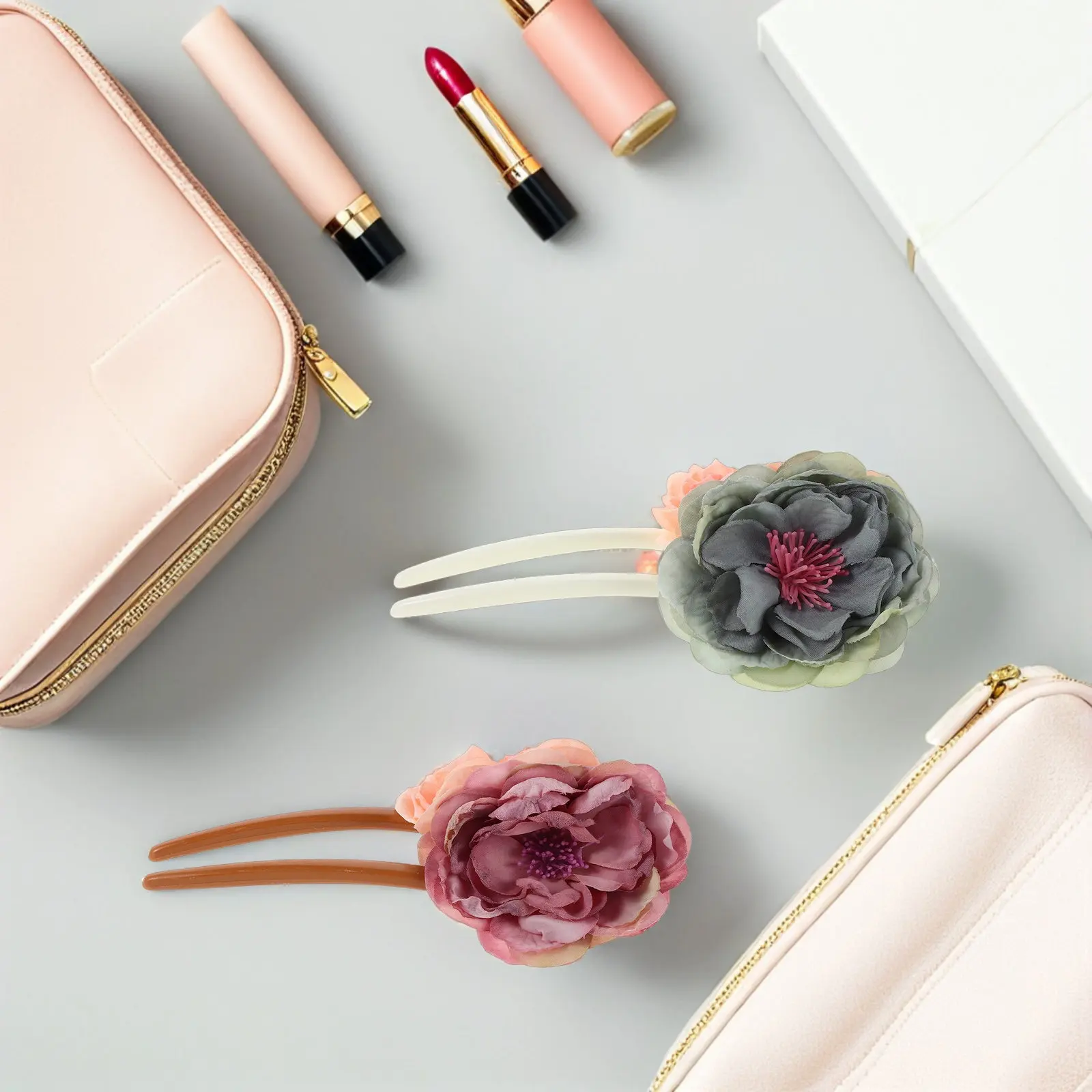

4Pcs Floral Hair Pins Vintage Style Handmade Chinese Hairforks Dual Tone Rose Fabric Bun Holders for Long Hair Updo