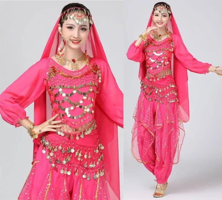 Conjunto de 4 trajes de danza del vientre para mujer, traje de danza del vientre de Egipto Oriental, trajes de Bollywood, ropa de escenario de danza del vientre India