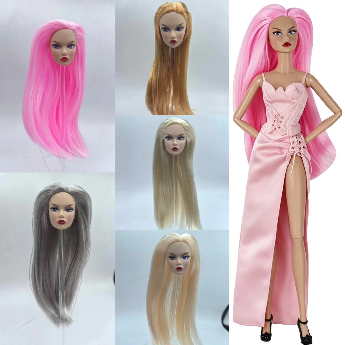 Cabeza de Muñeca Supermodelo 1/6, 15 Colores de Cabello, Piel Normal con Maquillaje, Rostro Atractivo, Cabeza OB con Ojos Morados/Labios Rojos para Muñeca de 30 cm