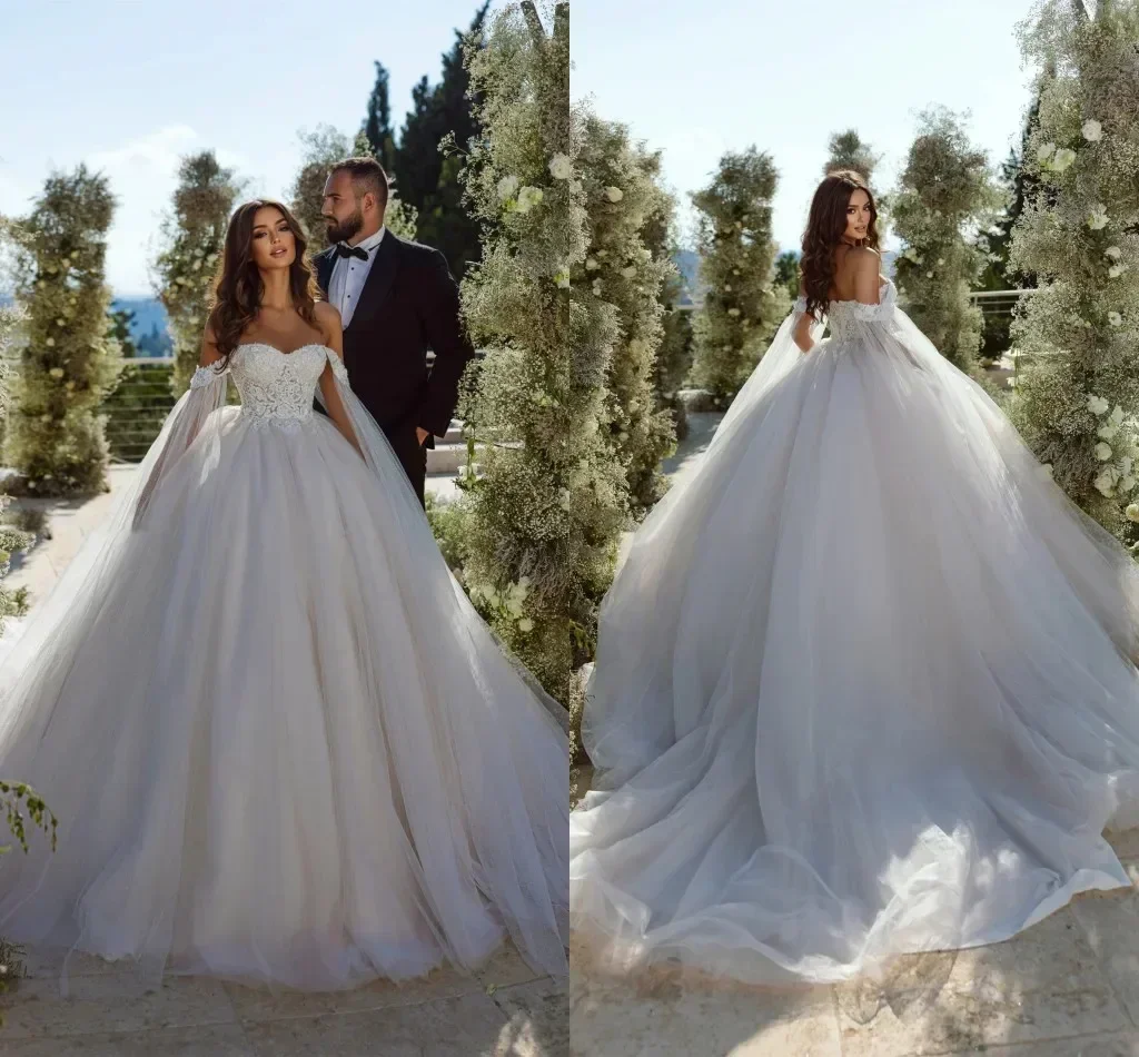 Customized  Sweetheart Lace Top Wedding Dresses Vestido Noiva Off The Shoulder Garden Puffy Bridal Gowns With Tulle Flyaway