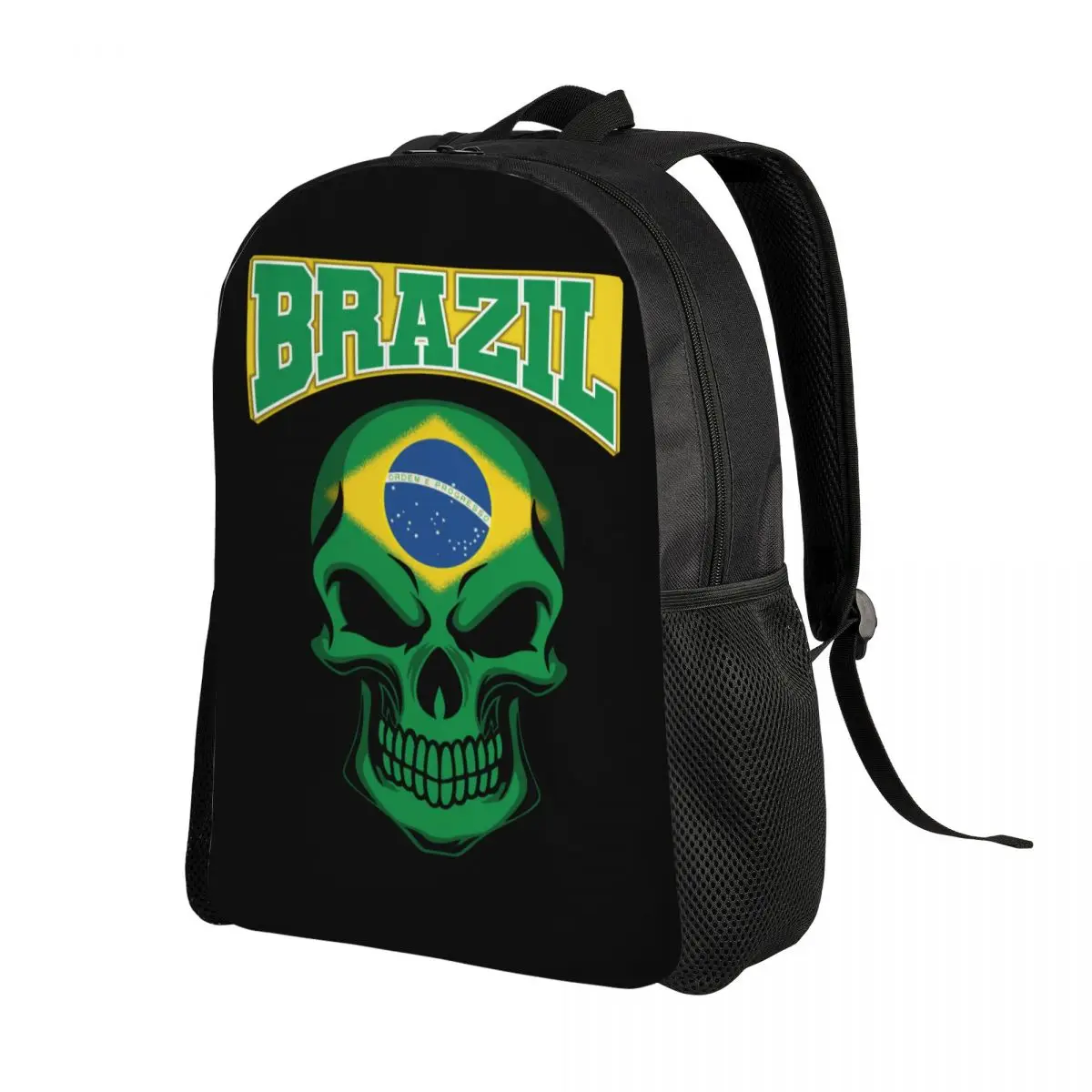 Custom Flag Of Brazil On Skull Emblem Backpacks for Women Men Waterproof School College Brazulian Flag Bag Printing Bookbags