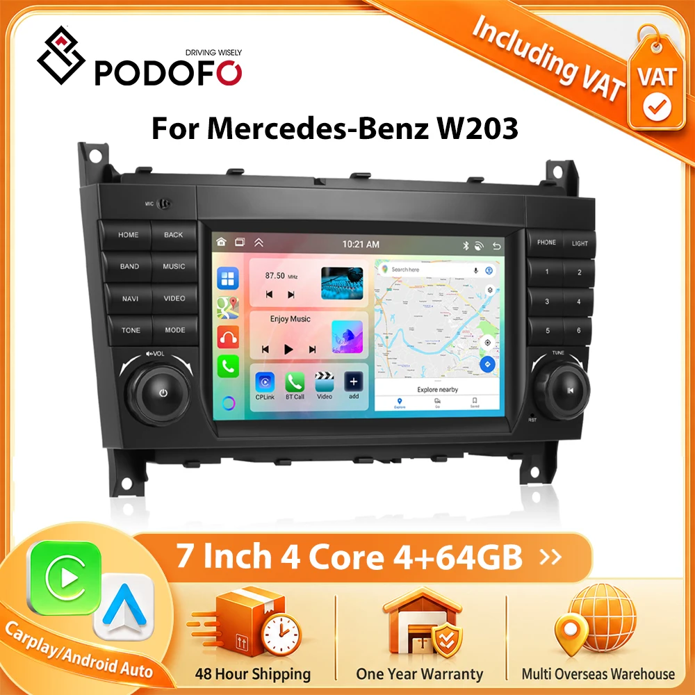 Podofo 7 ''Wireless Carplay per Mercedes Benz Classe C W203 2004-2007/Classe CLC W203 2008-2010 Autoradio Android Lettore multimediale Auto Stereo GPS Navi